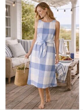 J. Jill Blue White Linen Gingham Tie Waist Midi Dress 1X Coastal